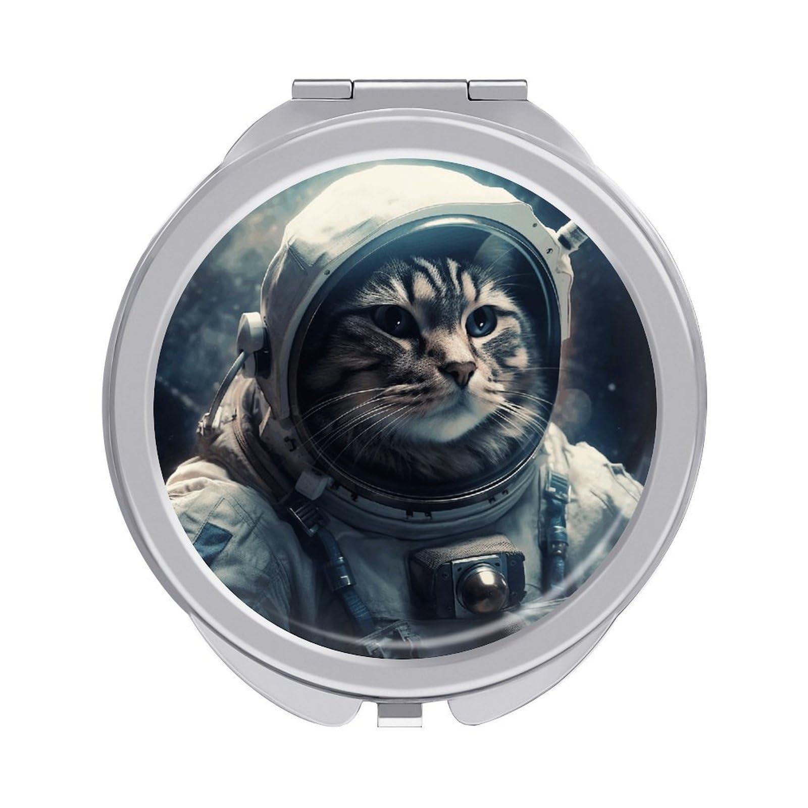 VstaDank Astronaut Cat in Space Travel Makeup Mirror Cute Compact Mirror for Women 1X/2X Magnifying Metal Pocket Makeup Mirrors Folding Round Makeup Mirrors for Handbag Wallet & Gift