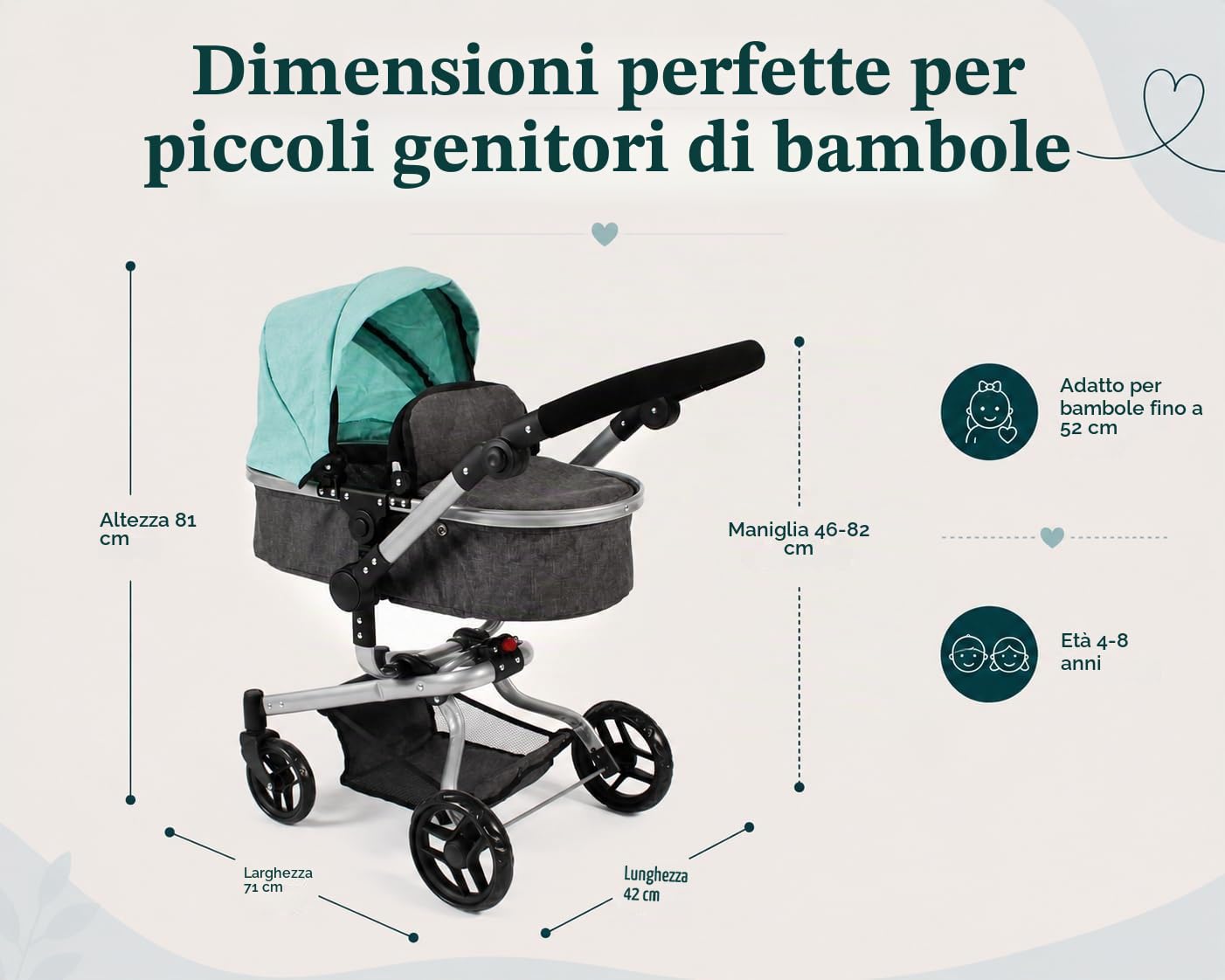 Passeggino per Bambole Yolo 2 in 1 per Bambini dai 4 agli 8 Anni, Melange Antracite/Menta