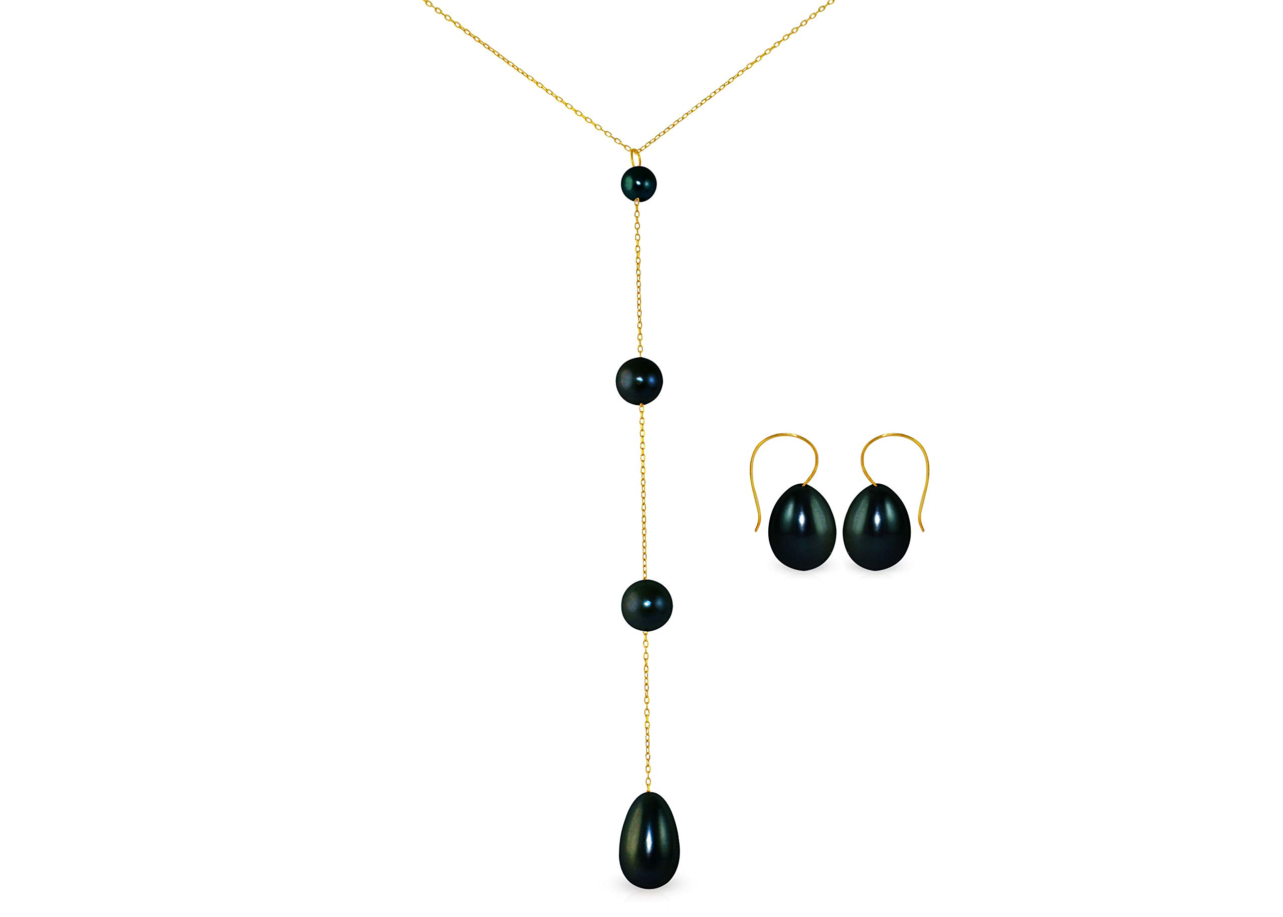 Vera Perla 10K Gradual Built-in with Black Drop Pearl Jewelry Set, 2 Pcs