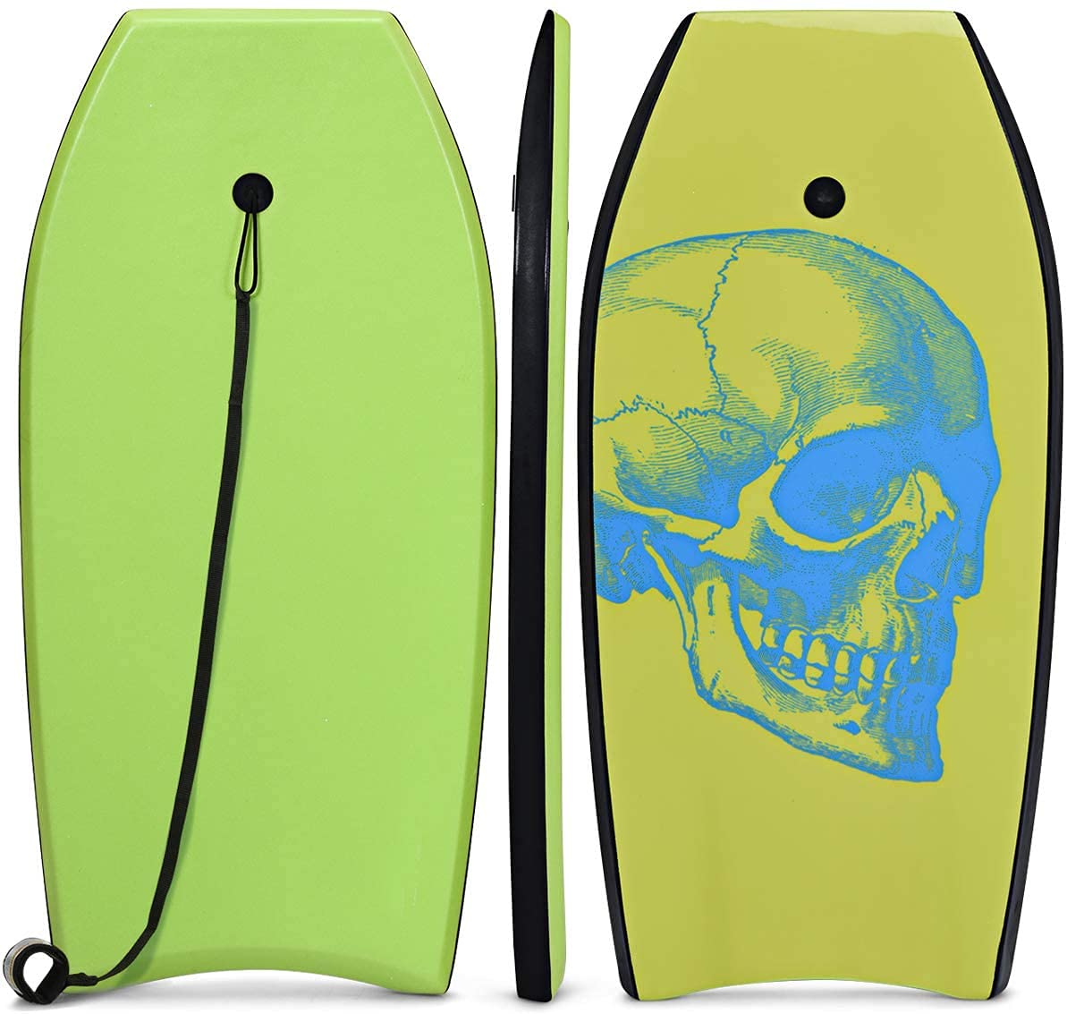 RELAX4LIFE Planche de Bodyboard 41” en Mousse avec Sangle de 90 CM et 4 Motifs au Choix, 105X51X6CM Idéal pour Adulte, Débutant dans Mer, Piscine, Surf, Charge Max 85KG (Vert Crâne)