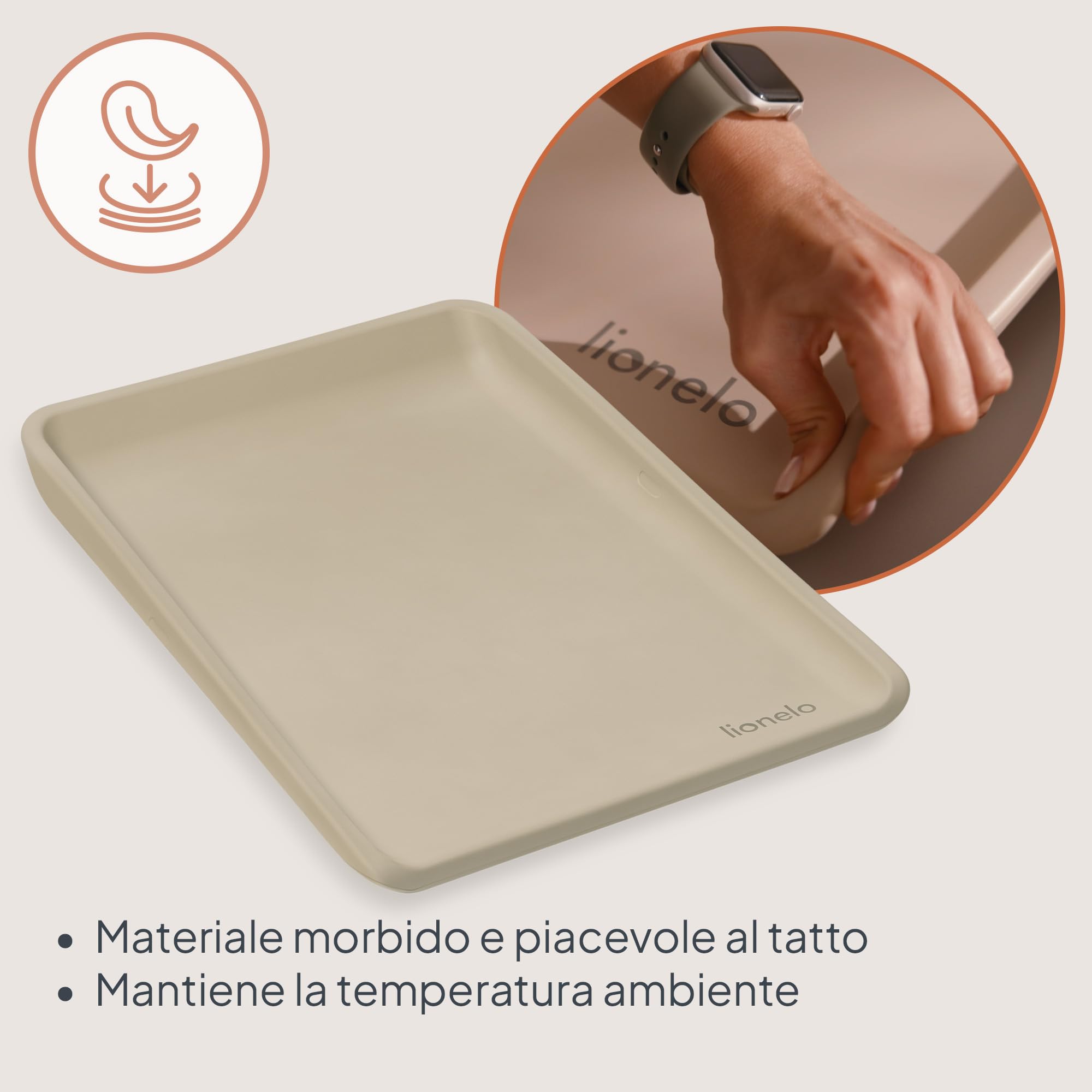 LIONELO Fasciatoio Neonato MEGS 50×70 cm Materassino Fasciatoio in Schiuma PU, Morbido Caldo al Tatto, Impermeabile, Antiscivolo, con Bordi Rialzati per Comfort e Sicurezza, Portatile (Beige)
