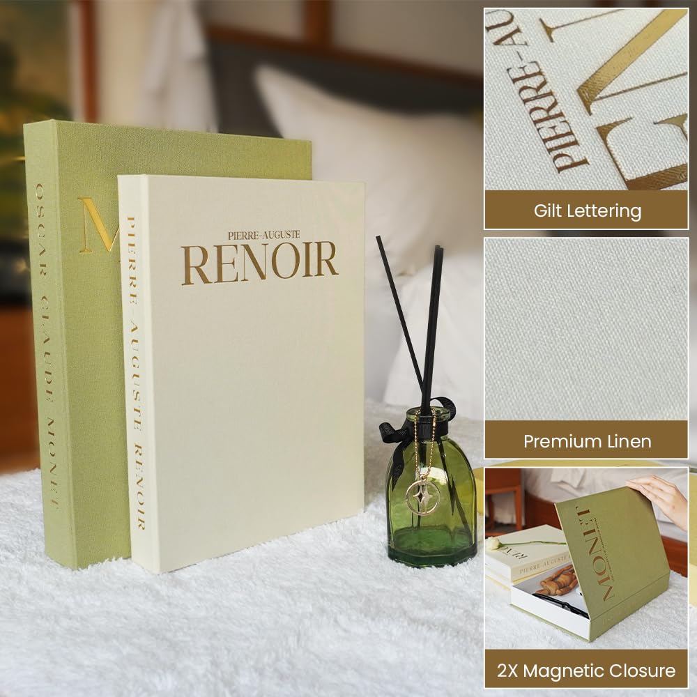 FOOMAN Libri decorativi per la casa – Set di 2 libri finti in lino per tavolino da caffè, decorazione moderna per la casa per soggiorno e mantello, neutro, impilabile, scatola portaoggetti per libri