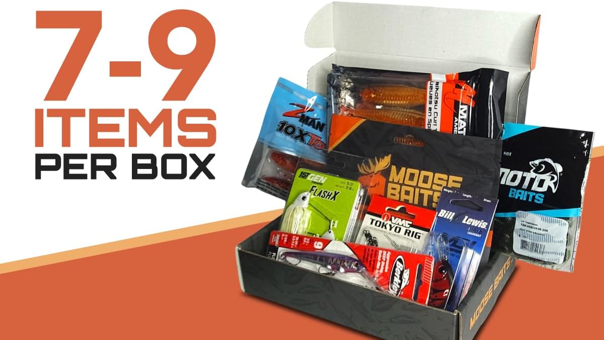 Moose Baits Bass Tackle Mystery Box – 7–9 Premium Bass Fishing Lures – Lures for Largemouth & Smallmouth Bass – Fishing Gifts – No Subscription