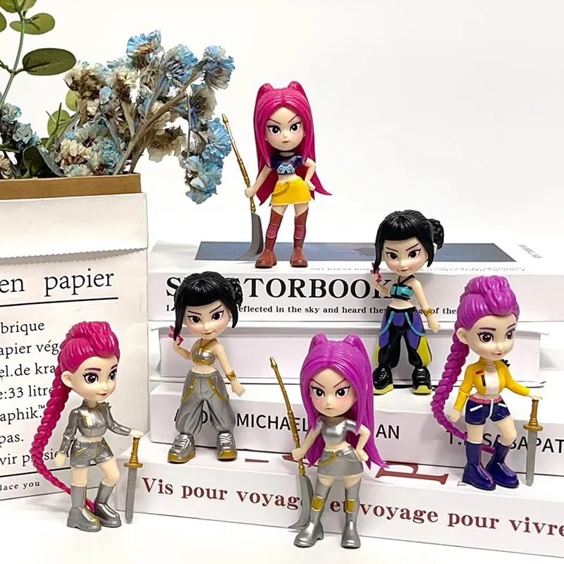 Image of Awestuffs K-POP Demon Action Figures Set of 6 | K-Pop Style Dolls with Unique Outfits & Hair, Desk Decor Figurines, Collectible Toy Set