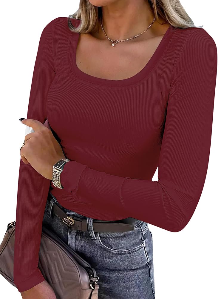 AirMood Damen-T-Shirt, langärmelig, lässig, gerippt, U-Ausschnitt, gerippt, schmale Passform