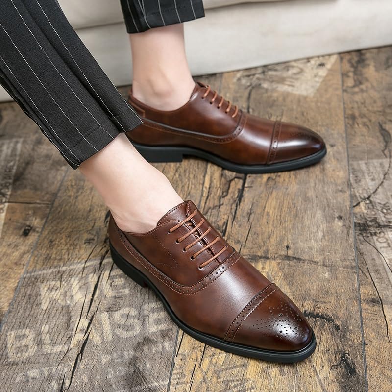 Oxford Shoes for Men Lace Up Pointed Burnished Toe Vegan Leather Cap Toe Oxford Shoes Slip Resistant Block Heel Rubber Sole Anti-Slip Wedding2