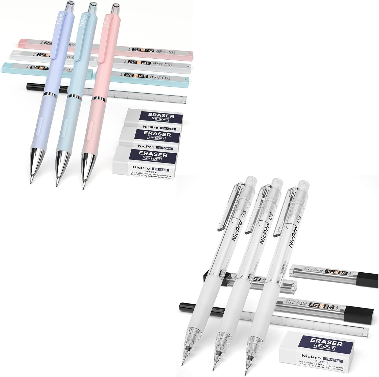 Nicpro 6 PCS Pastel Mechanical Pencil 0.5 mm for School, with 9 tubes HB Lead