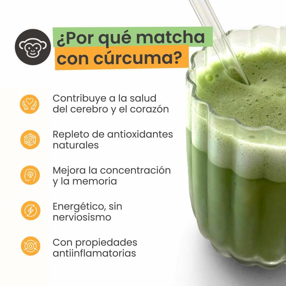 PureChimp Polvo de Matcha Ceremonial Sabor Cúrcuma 50g. 100% Té Verde Puro con Cúrcuma, Canela y Jengibre. Cultivado a la Sombra para Latte y Recetas. Tarro de Vidrio Reciclable. Rico en Antioxidantes