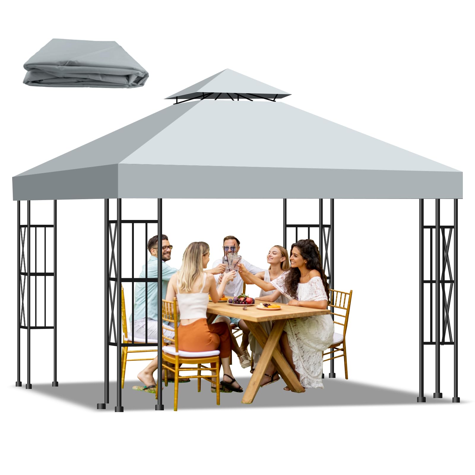 Qdreclod Pavillon Ersatzdach 3x3m Wasserdicht – Doppeldach mit Air Vent, UV-beständig, Winterfest, Stabil – Pavillondach Ersatzzeltdach für Garten, Camping, Grillen (300D Polyester), Grau