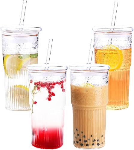 Paquete de 4 vasos de vidrio de 22 onzas con tapas y pajitas, taza de café acanalada, vaso para agua, botella de agua reutilizable, boca ancha,