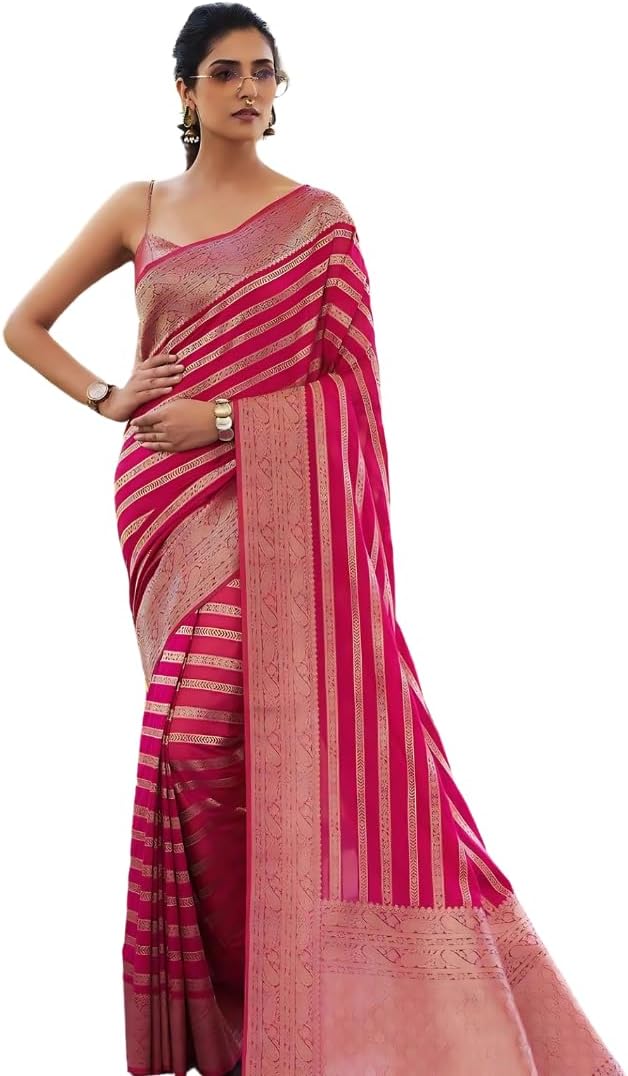 Airkot Traditional Banarasi Silk Saree for Women | Floral Pattern with Sleeveless Blouse | Elegant Bridal Wedding Saree | Latest Party Sari collections