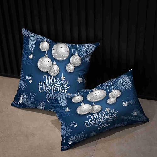 Miniatura 4 de Funda de cojín azul marino con diseño de esferas de Feliz Navidad, decoración de invierno, diseño de ramas de pino de nieve, funda de cojín para