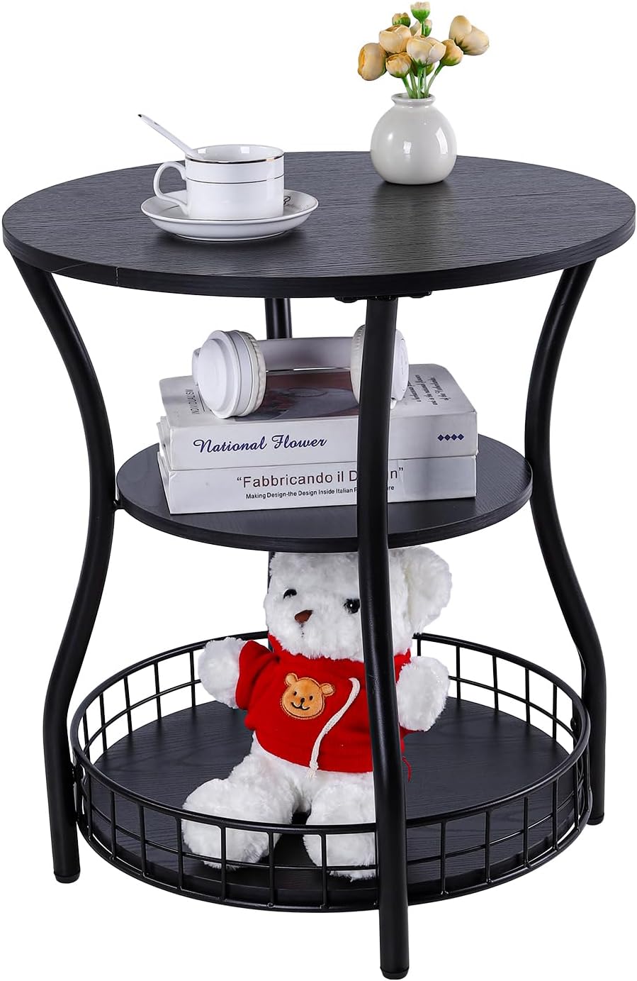 Round Side Table, 3-Tier Accent End Table with Storage Shelf, Corner Sofa Beside Table for Small Spaces,Nightstand with Metal Frame for Living Room, Bedroom (Black)
