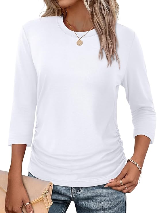 WIHOLL Womens 3/4 Length Sleeve Tops Crewneck Ruched Summer Shirts Business Casual Outfits Blouses 2025 Fall Fashion Clothes