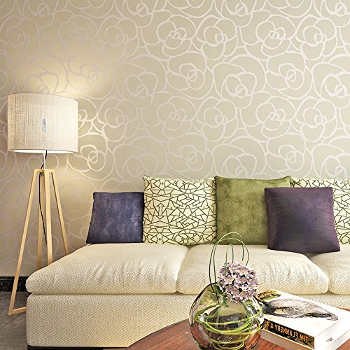 Hanmero Rouleau de papier peint en PVC de qualité supérieure Motif de fleurs roses en relief pour salon chambre à coucher 0,53 m x 10 m = 5,3 m 2 Argenté