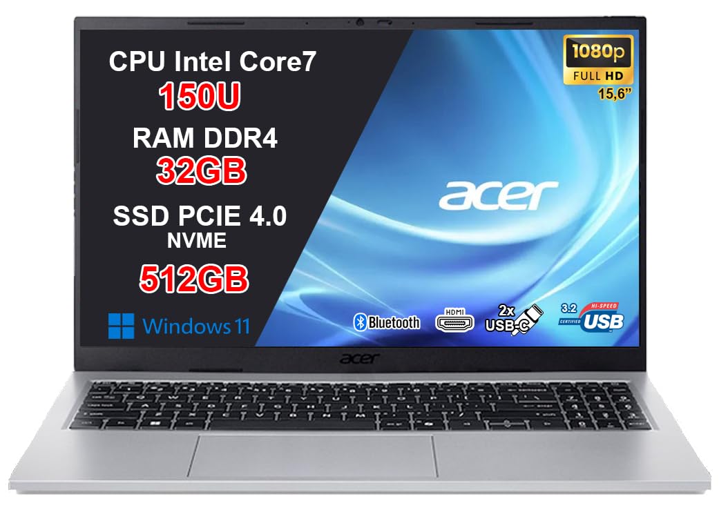 acer Aspire Go 15 PC Portatile Notebook, CPU Intel Core 7 150U di nuova generazione fino a 5,4 GHz, RAM 32GB, SSD 512GB, Wi-Fi 6, Display 15,6" Full HD Antiriflesso, USB Type-C, Windows 11, Silver