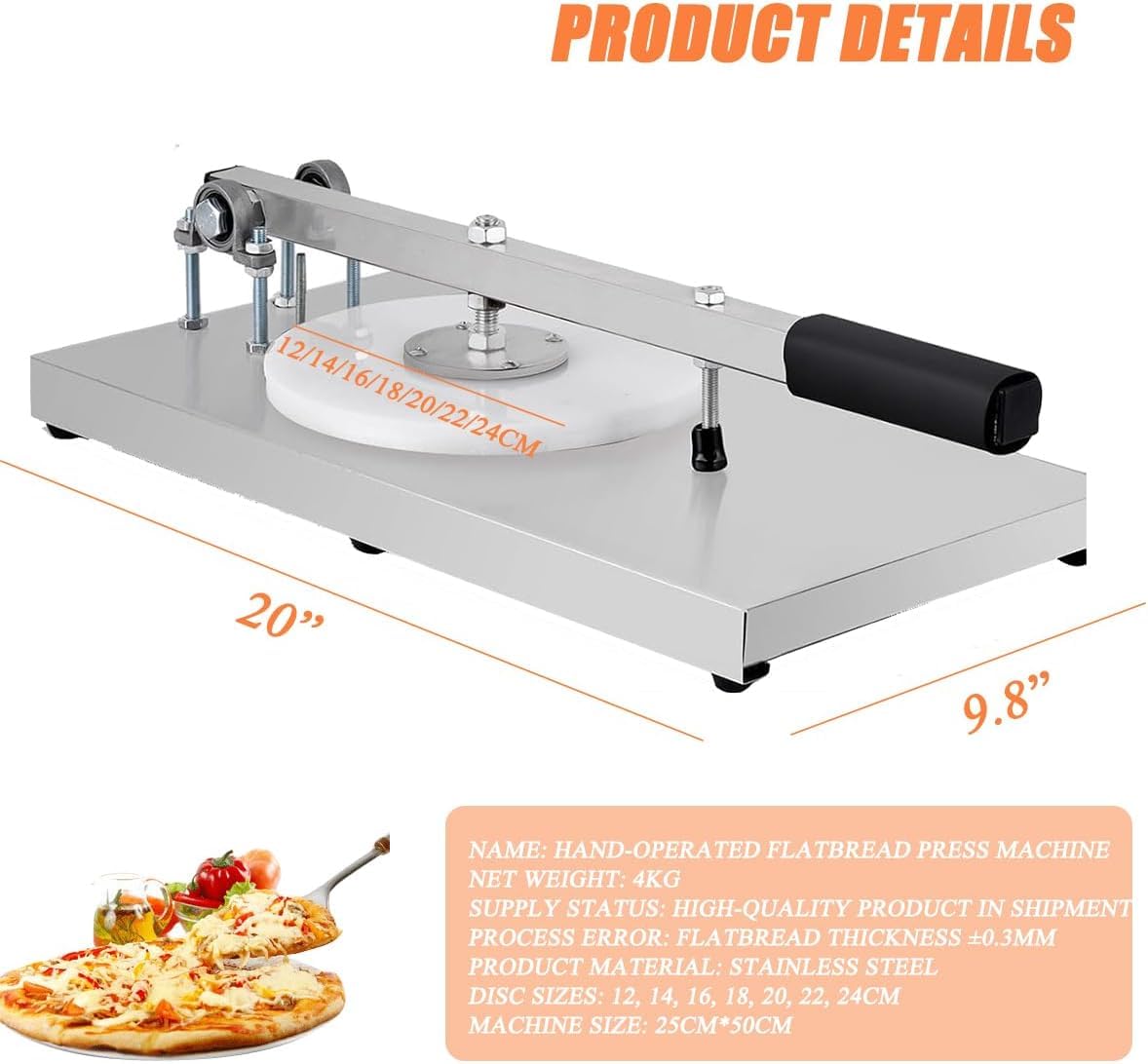 TYH Máquina para Prensar Masa De Pizza con Plato, Prensa Manual De Acero Inoxidable para Pizza Y Repostería, Brazo De Extensión Ajustable, Prensa para Pizza Doméstica para 24cm
