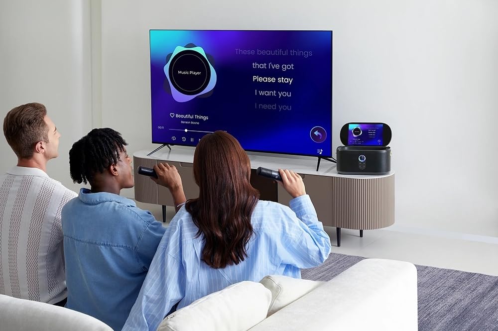Ikarao Shell S1 Professioneller Karaoke-Lautsprecher mit 10,1 Zoll Touchscreen, 2 wiederaufladbare kabellose Mikrofone, kraftvoller Sound 280W, KaraFun Prime und tragbar für Partys