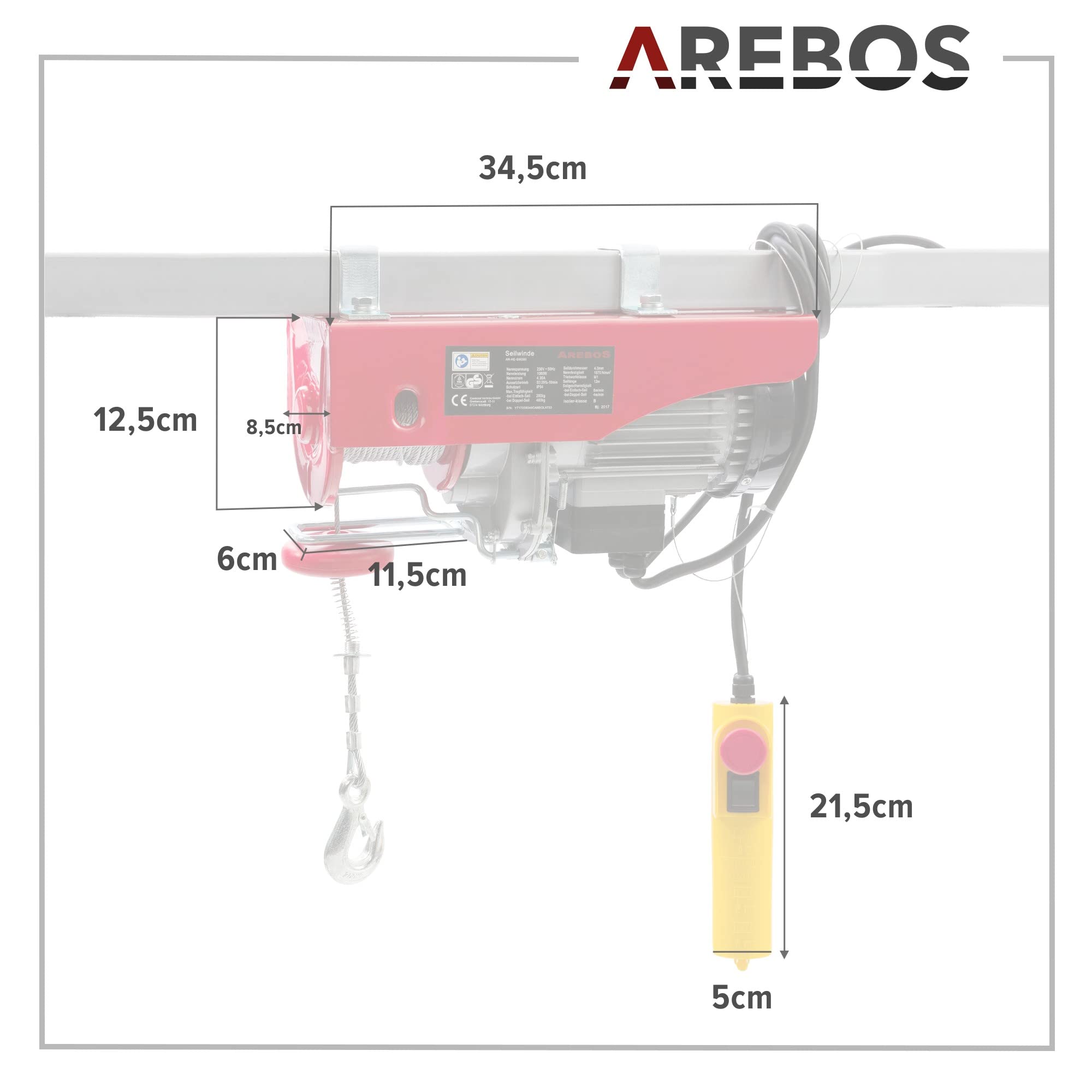Arebos Elektrische Seilwinde 500W Motorwinde Kabelfernbedienung Tragkraft 100-200kg Hubhöhe 12m TÜV Rheinland GS