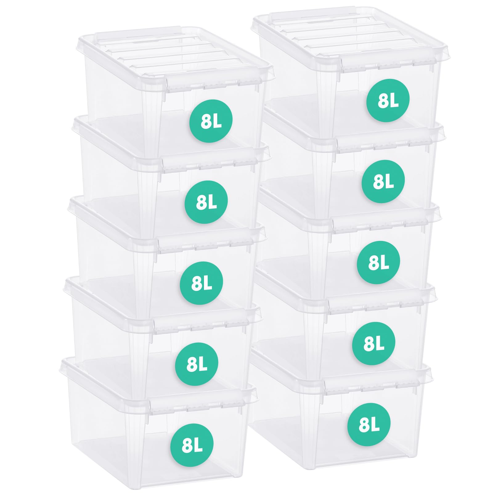 Classic 10-8L Clear Storage Boxes with Lids - Stackable Bins with Clip Lock - Large Reinforced BPA Free Plastic Crates - Pack of 10