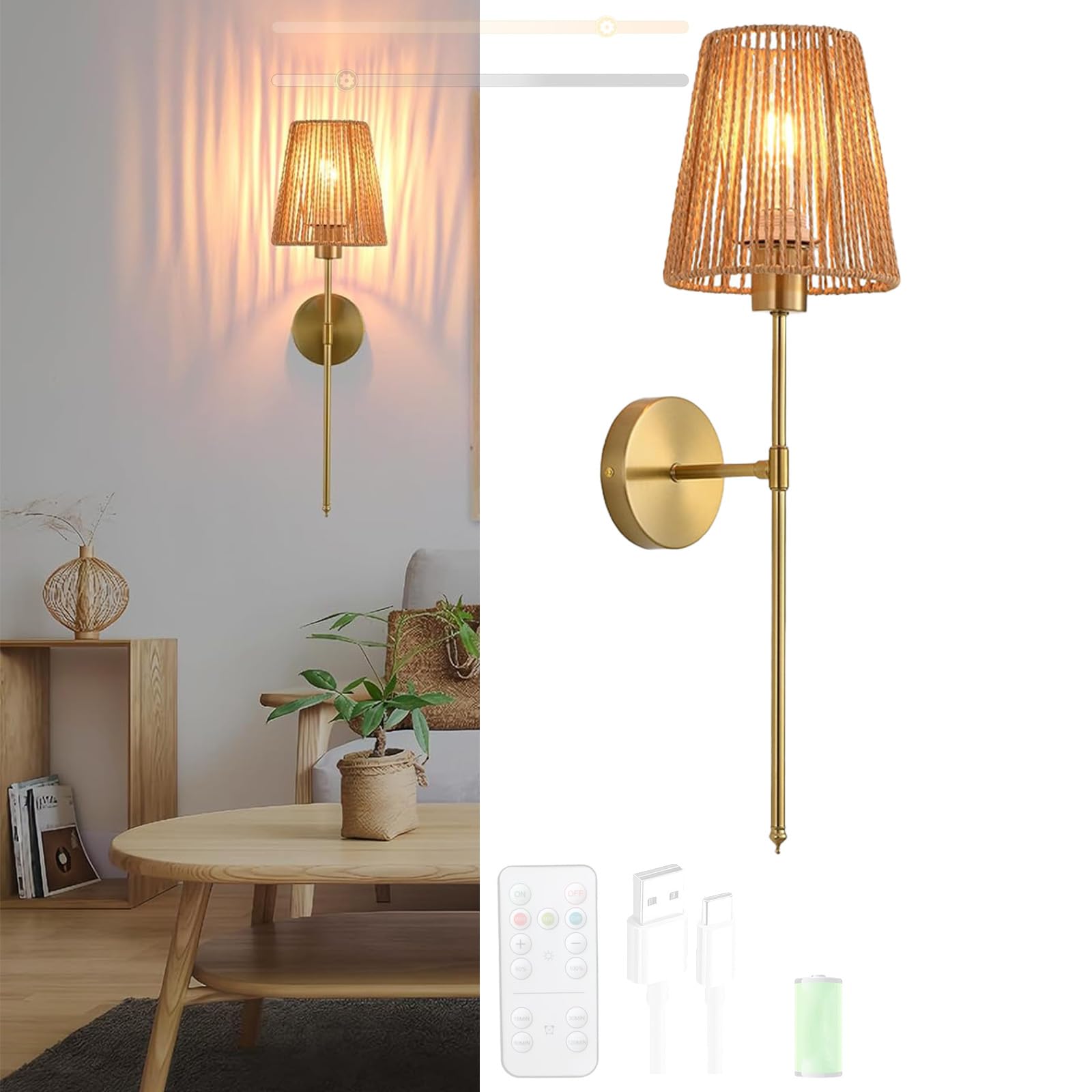 Lámparas de pared USB recargable aplique LED batería regulable con pantalla de ratán 8