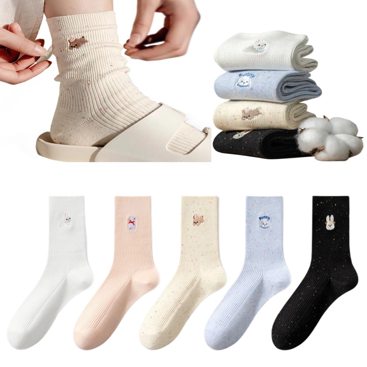 100% Cotton Women Crew Socks Cute Embroidery Animal Speckled Thin Socks Knit Mid Calf for Girls 5 Pairs 4-9