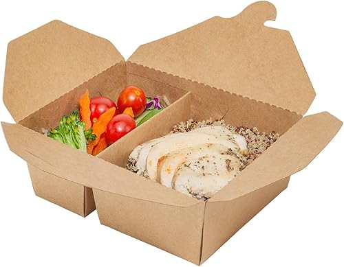 Restaurantware Bio Tek - Contenedores de papel de 47 onzas para llevar, 200 cajas de papel kraft de 2 compartimentos, cierre de bloqueo de pestañas