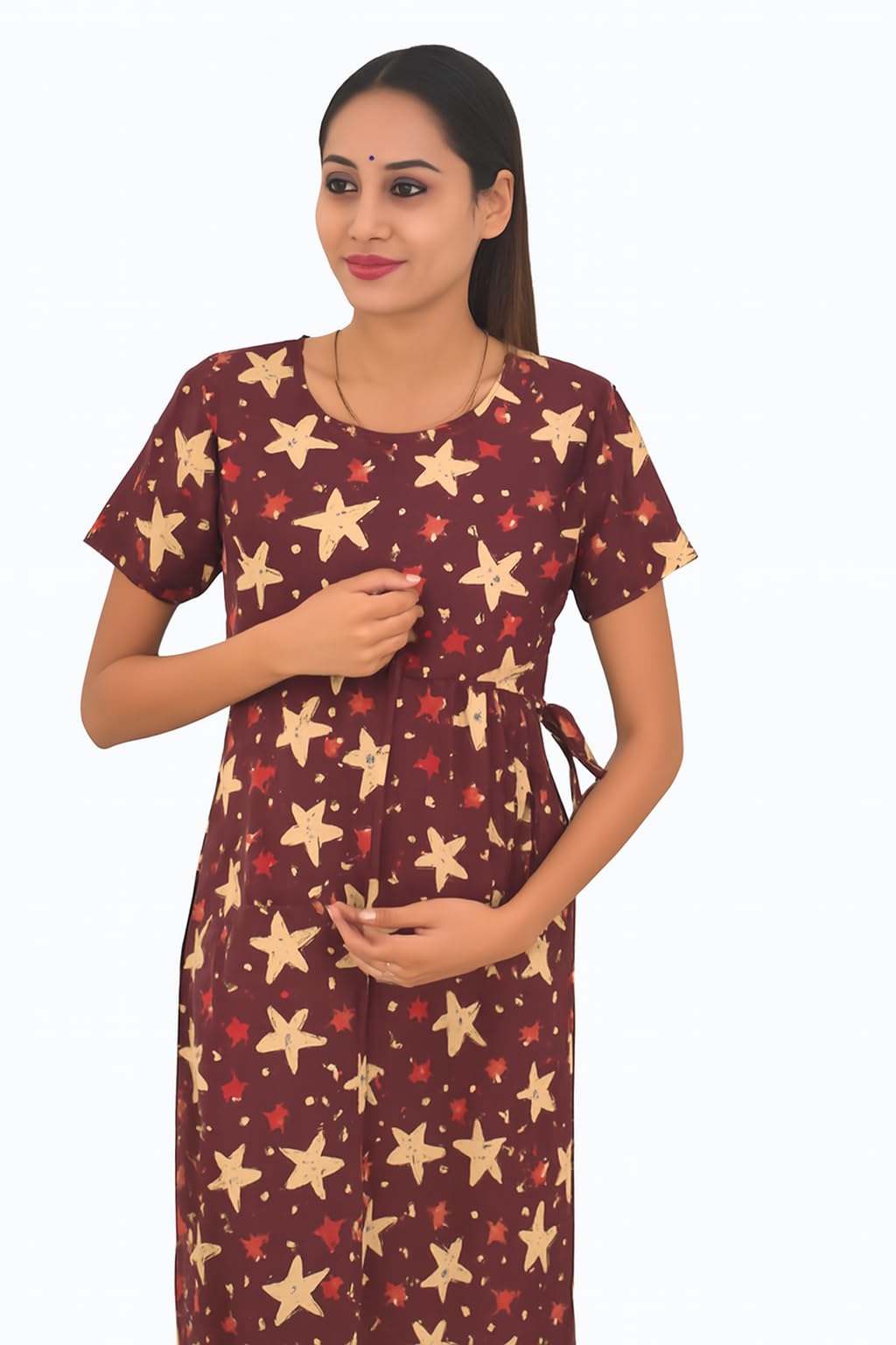 Women's Brown Cotton Maternity & Feeding Nighty – Soft Floral Printed Nursing Dress | Ideal for All Seasons |-image-25