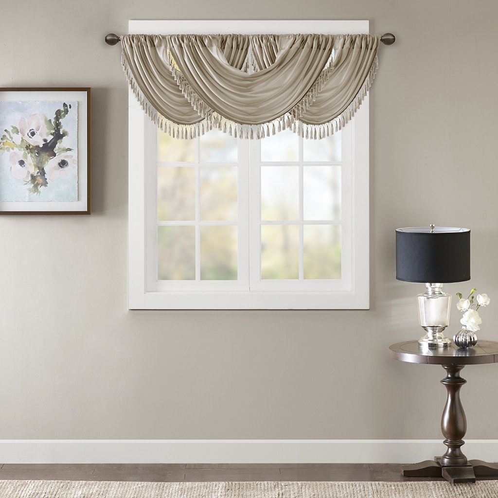 Madison Park JLA Home INC Elena Waterfall Embellished Rod Pocket Valance, Faux Silk Valances for Window, 38X46, Champagne