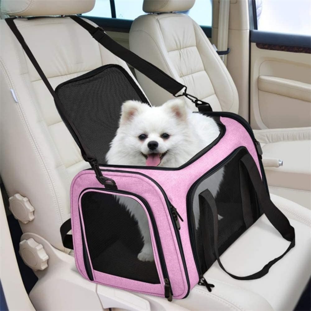 Large Cat Carrier Soft Sided Cat Carrier, Cat and Dog Carrier for Small and Medium Sized Feline Puppies up to 15lbs, Portable Kennel with Safety Zip (Pink)