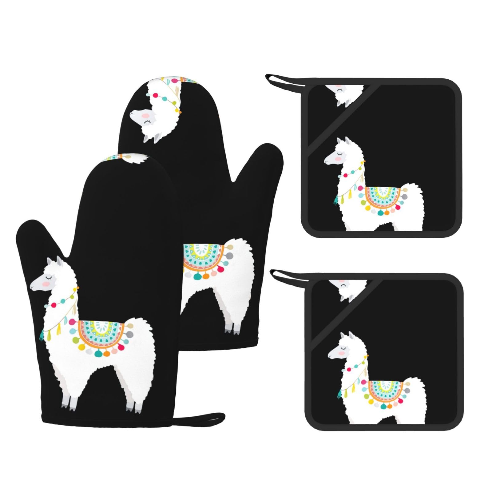 Llama Printed Oven Gloves and Hot Pads Set of 4, High Heat Resistant Silicone Mitts for Cooking BBQ