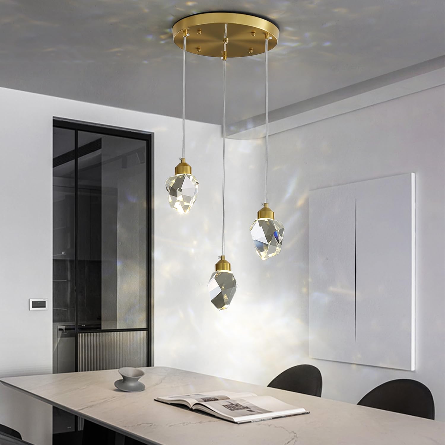 Moderna Lampada A Sospensione In Cristallo, Lampada A Sospensione In Cristallo A Led A 3 Colori, Per Cucina Isola Camera Da Letto Soggiorno Illuminazione Sala Da Pranzo (Base Rotonda A 3 Teste)