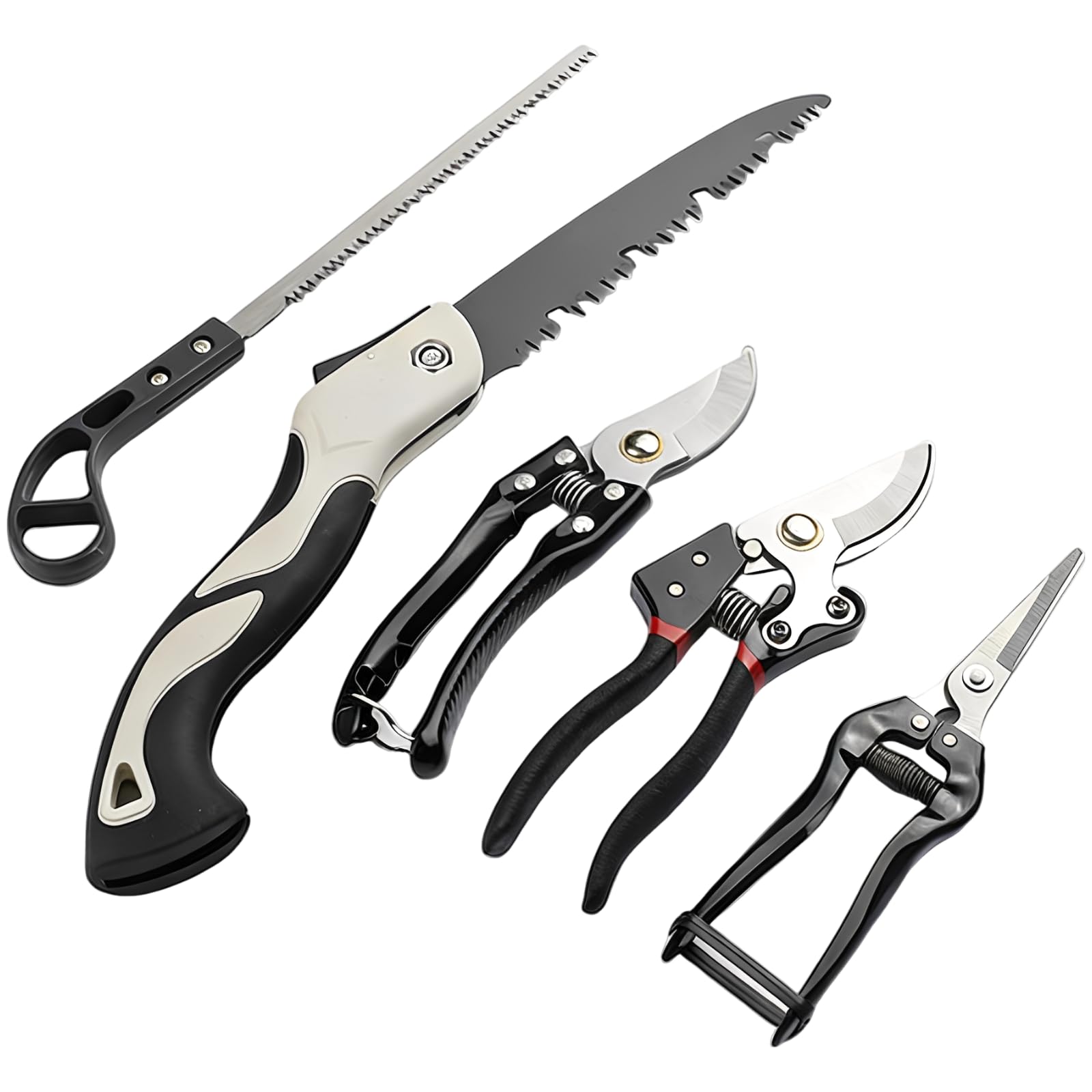 5 TLG. Gartengeräte-Set mit Gartenschere und Klappsäge, Edelstahl-Werkzeuge für Baumschnitt und Gartenarbeit, komfortabler Griff, spezielle Hitzebehandlung, zum Schneiden und Pflegen im Garten
