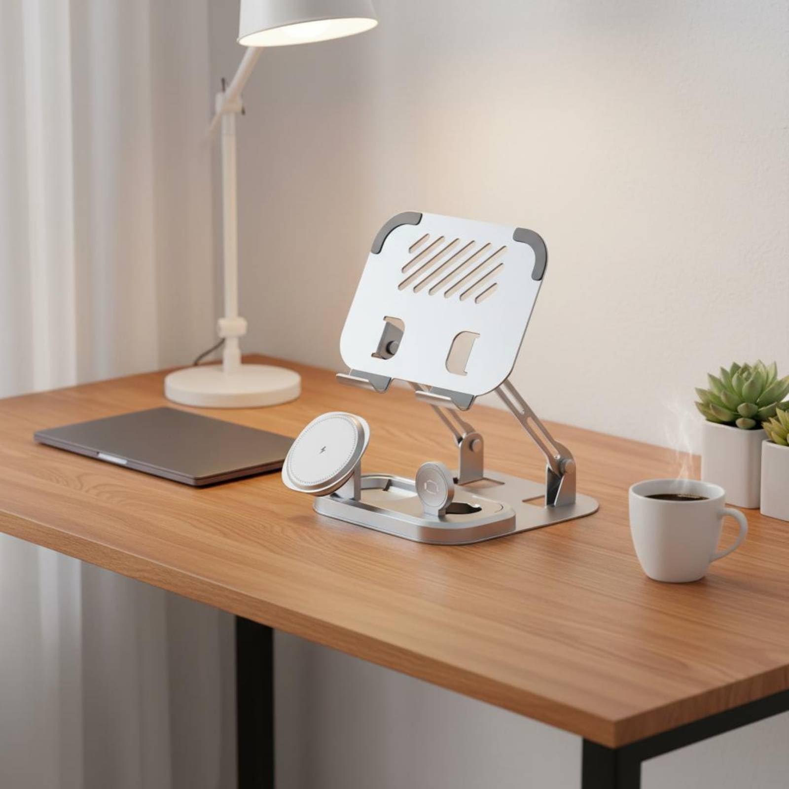 Supporto di Ricarica 5 in 1 Base Caricatore Stazione Dock Portacellulare Struttura Alluminio Antioscillazione Pieghevole Tascabile Accessori Adatto a Comodino