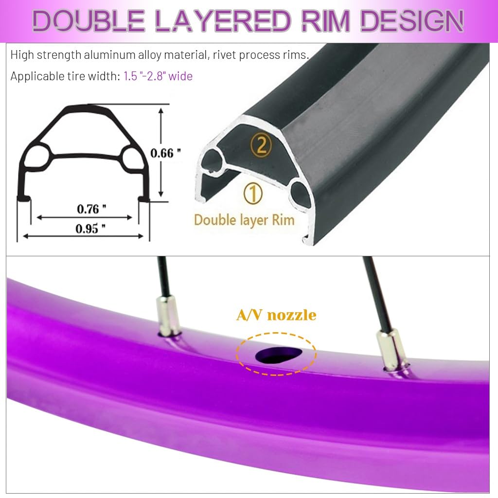 Roues de Vélo Alliage D'aluminium de 24 Pouces 26/27,5/29 Pouces, Jante À Double Paroi Moyeu de Frein À Disque Roulements Scellés Jante Roues de VTT Violettes for 7 À 12 Vitesses