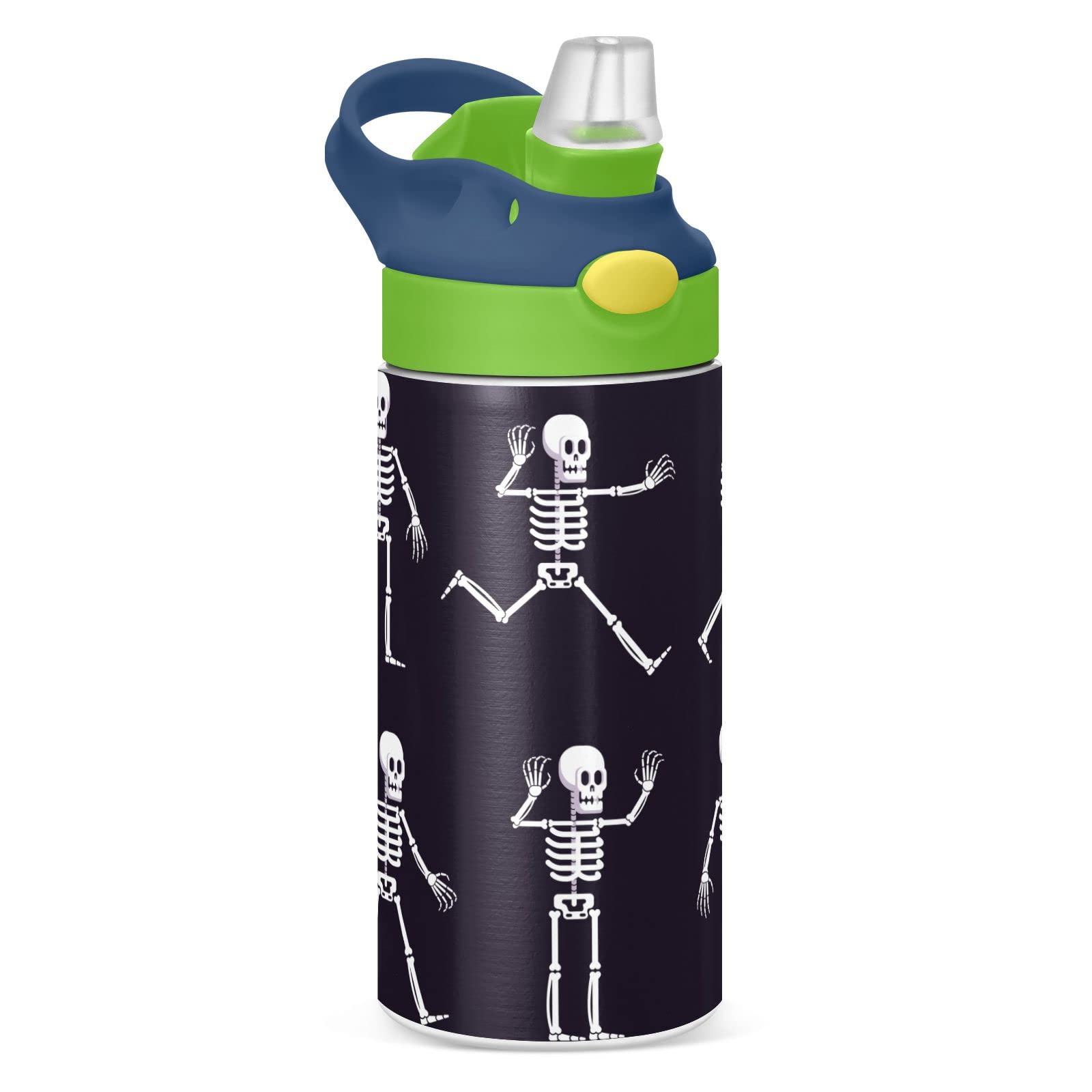 Halloween Cartoon Skeleton Kids Water Bottle with Straw Insulated Stainless Steel Kids Water Bottle Thermos for School Toddlers BPA Free Cups 12 oz / 350 ml Green Top