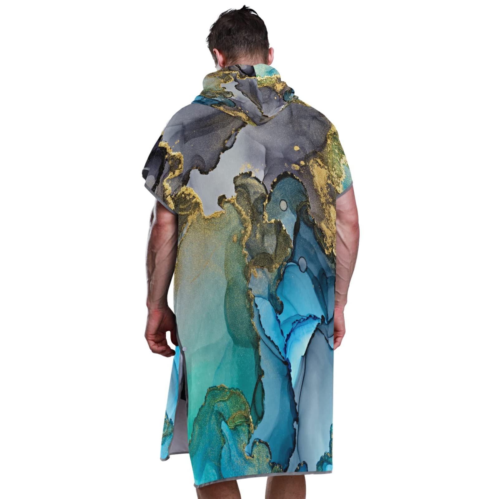 Poncho de surf à séchage rapide en microfibre avec capuche et poche - Bleu et gris doré