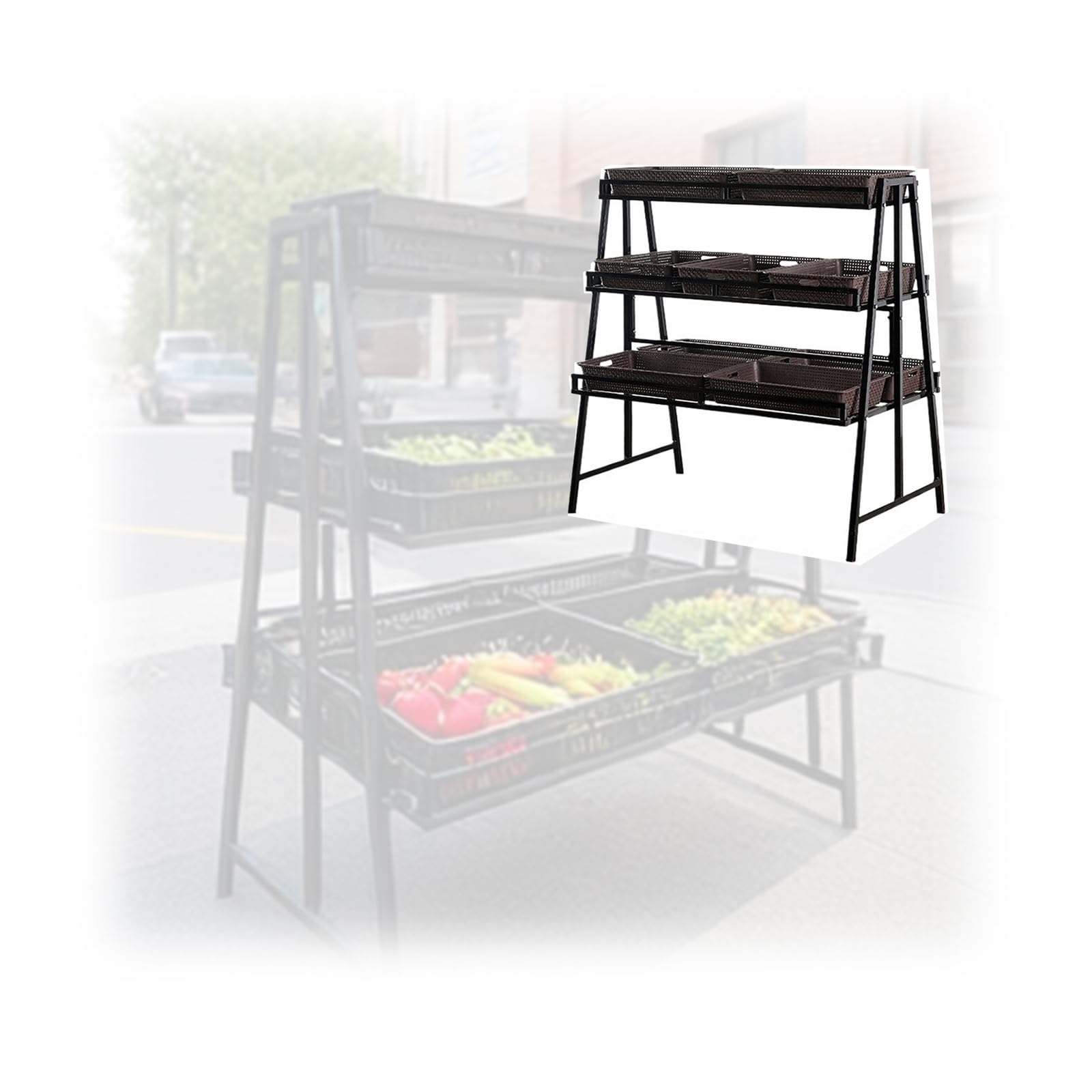 3-stöckiges Verkaufsdisplay aus Metall,Vielseitiger Supermarkt-Regal-Organizer mit Körben for Obst, Gemüse, Snacks im Lebensmittelgeschäft(Brown)