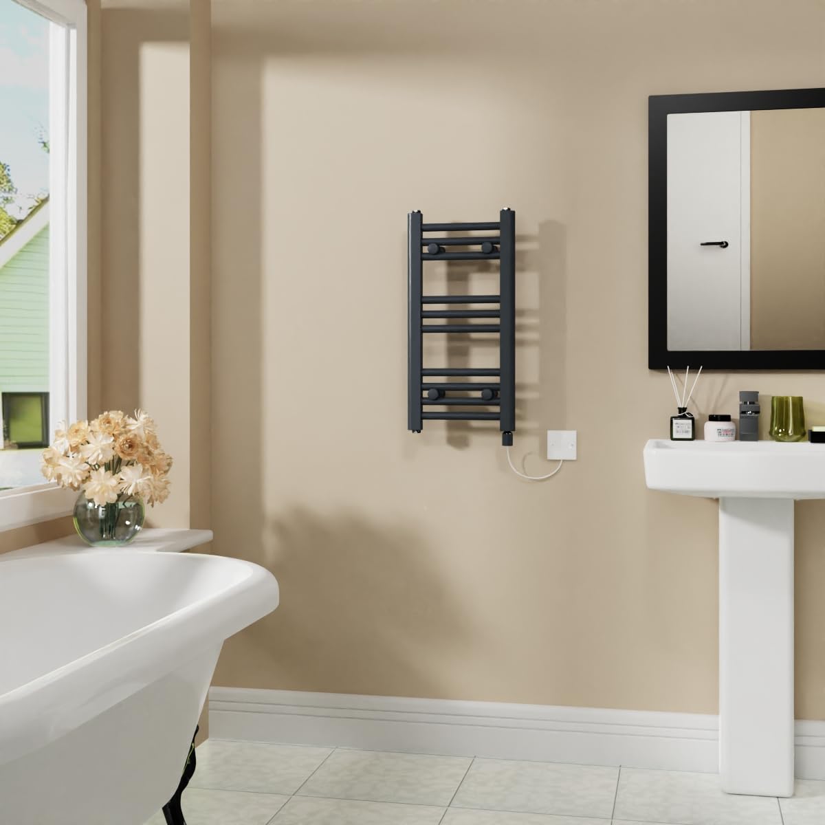 Warmehaus Anthracite 200W Electric Heated Warming Towel Rail Bathroom Radiator - 600X300mm