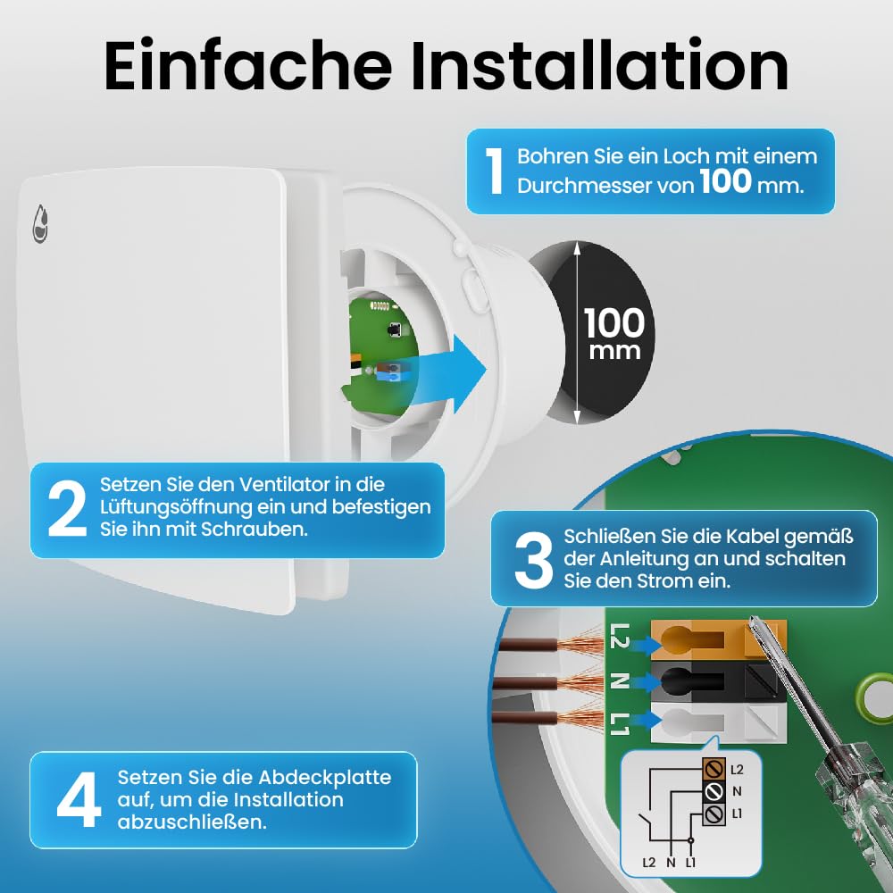 100mm Leiser Badlüfter mit Feuchtigkeitssensor – Weiß