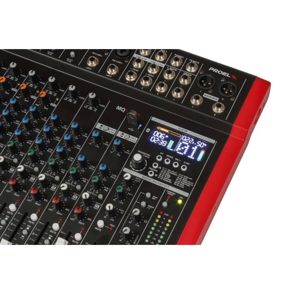 Proel MQ1222X - Mixer Professionale a 12 ingressi con 6 PreAmp Microfonici HQ + 99 FX + modulo Bluetooth/USB per Canto, Live e Karaoke.
