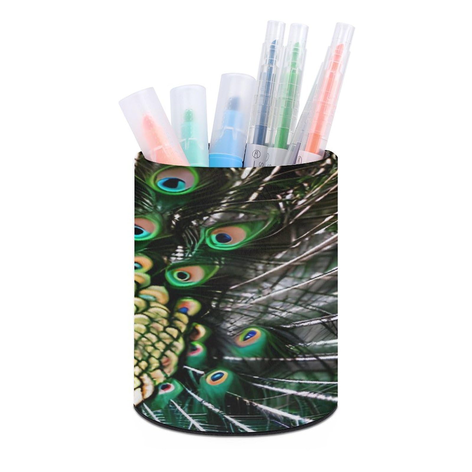 JTREHY Peacock Pen Holder Round Pen Pencil Holder Makeup Brush Holders Cup PU Leather Pencil Cups Desktop Caddy Stationery Organizer Case Office Accessories Container Box