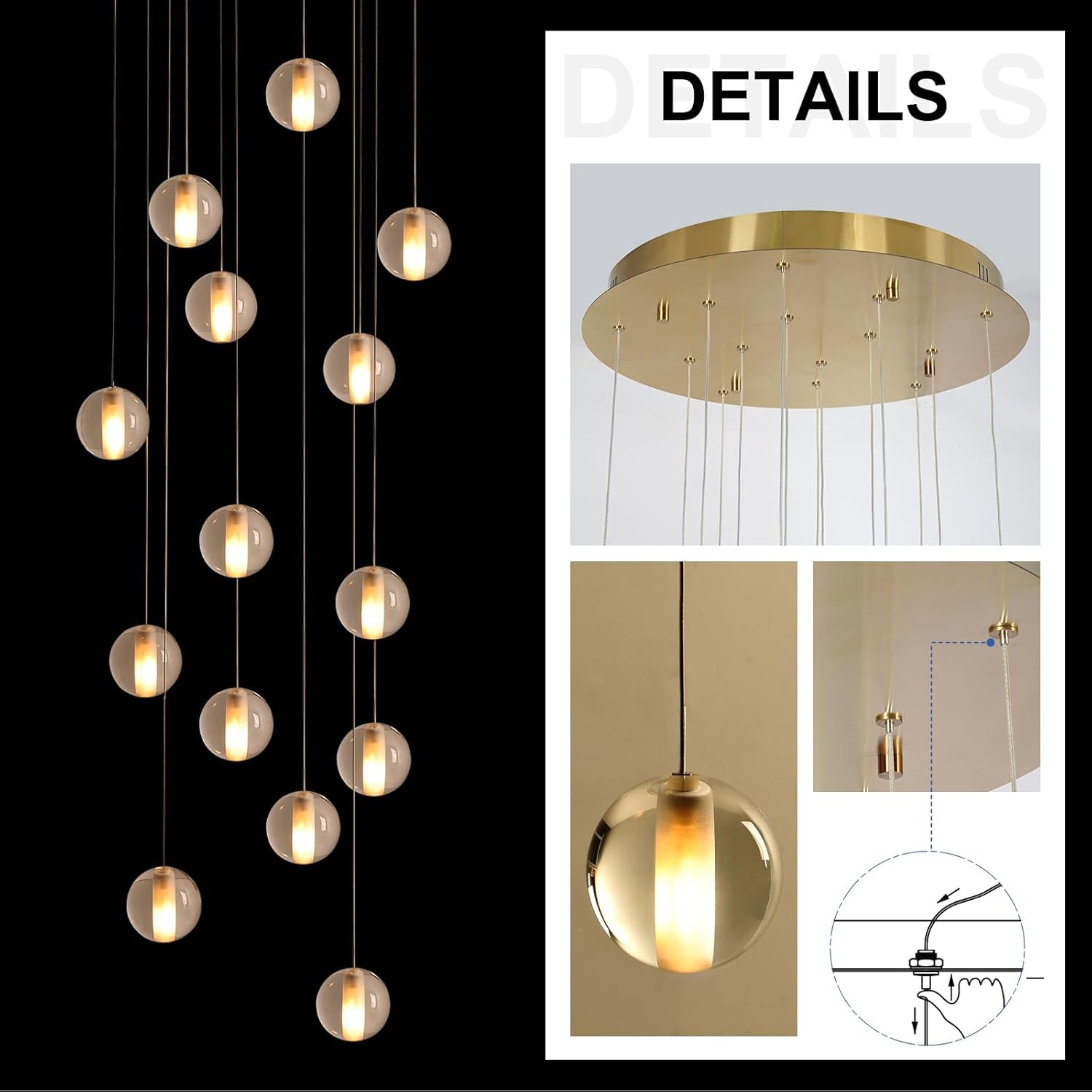 14 Lights Staircase Chandelier for High Ceiling, Dimmable Modern Crystal Raindrop Large Long Hanging Pendant Light for Stairwell Living Room Stair Foyer, Bulbs Included (Gold Canopy)