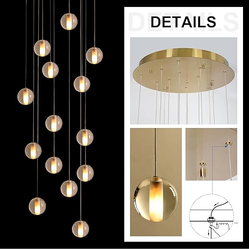 Miniatura 4 de Candelabro de escalera de 14 luces para techo alto, regulable, moderno, con forma de gota de lluvia de cristal, luz colgante grande y larga para