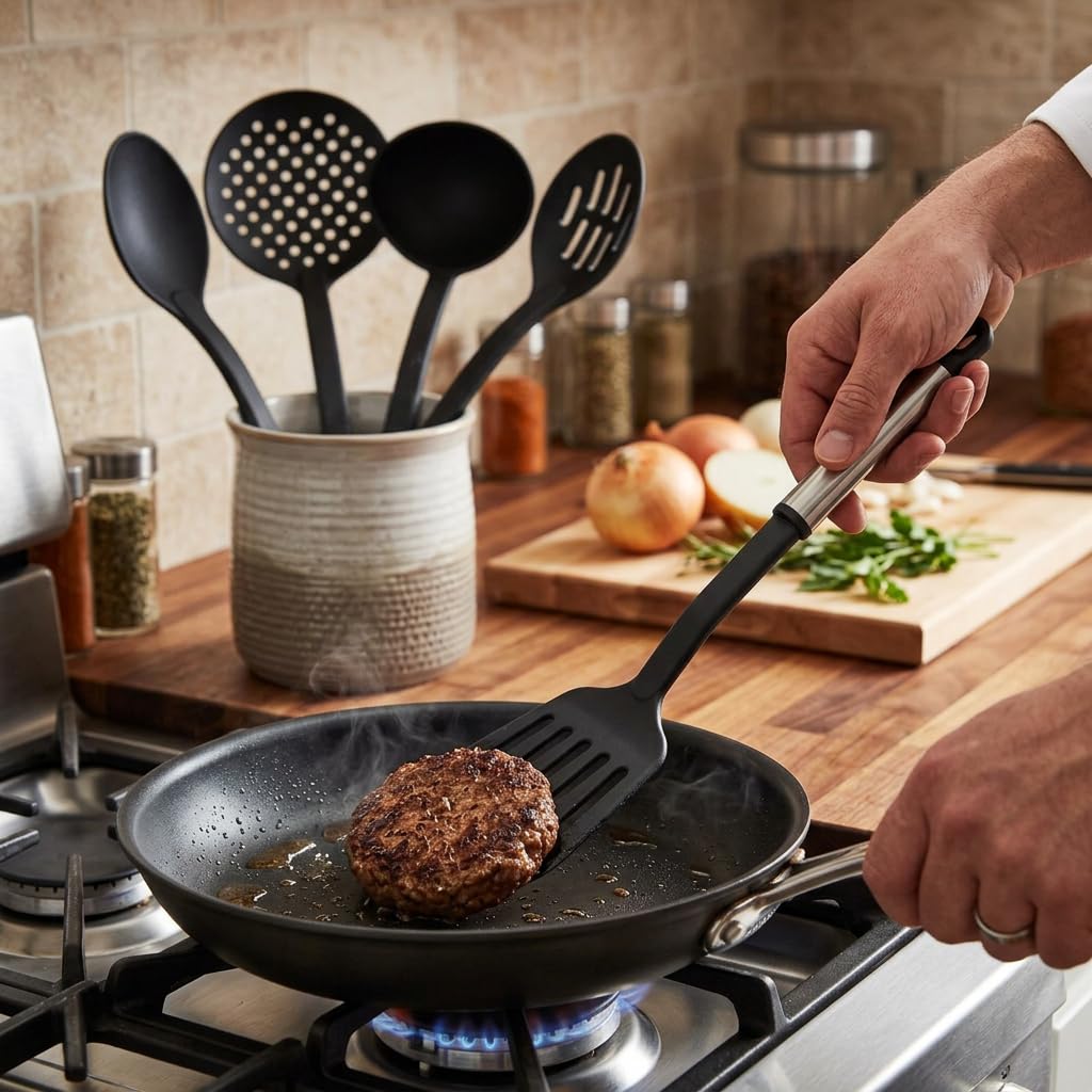 Farberware Set di utensili da cucina classico, 5 pezzi in acciaio inox con manici in nylon per pentole antiaderenti, gadget da cucina con passanti per appenderli, lavabili in lavastoviglie utili
