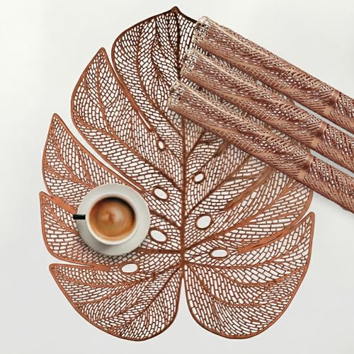 Image of Kuber Industries 4 Pcs Set Leather Side Table Mats | Washable Placemat /Dining Table Mat for Wedding and Family Functions | Big Patta Design - Copper