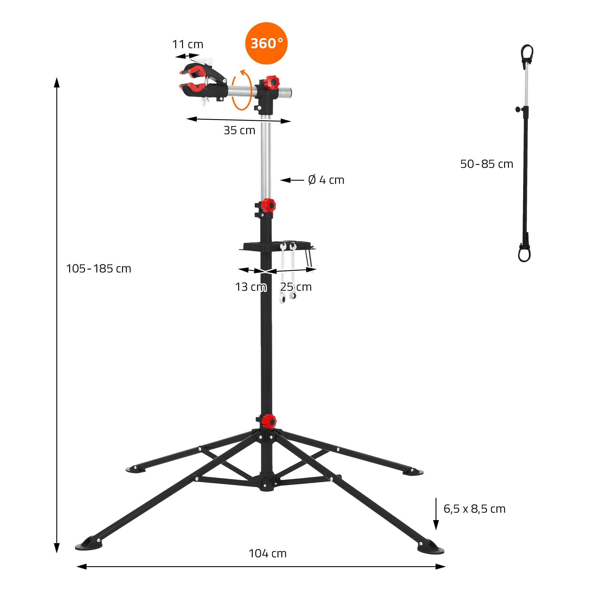 ECD Germany Stojak montazowy do rowerów Stojak do naprawy rowerów elektrycznych, obrotowy o 360° i regulowany na wysokosc 105-185 cm do wszystkich typów rowerów do 50 kg, podstawa trójnozna z 4 nogami