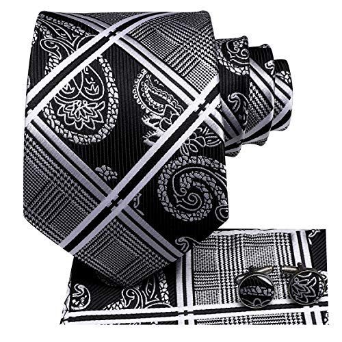Hi-Tie Mens Black and White Silk Ties Set in Gift Box Classic 5 Pcs Necktie with Pocket Square and Cufflinks Set Business Formal