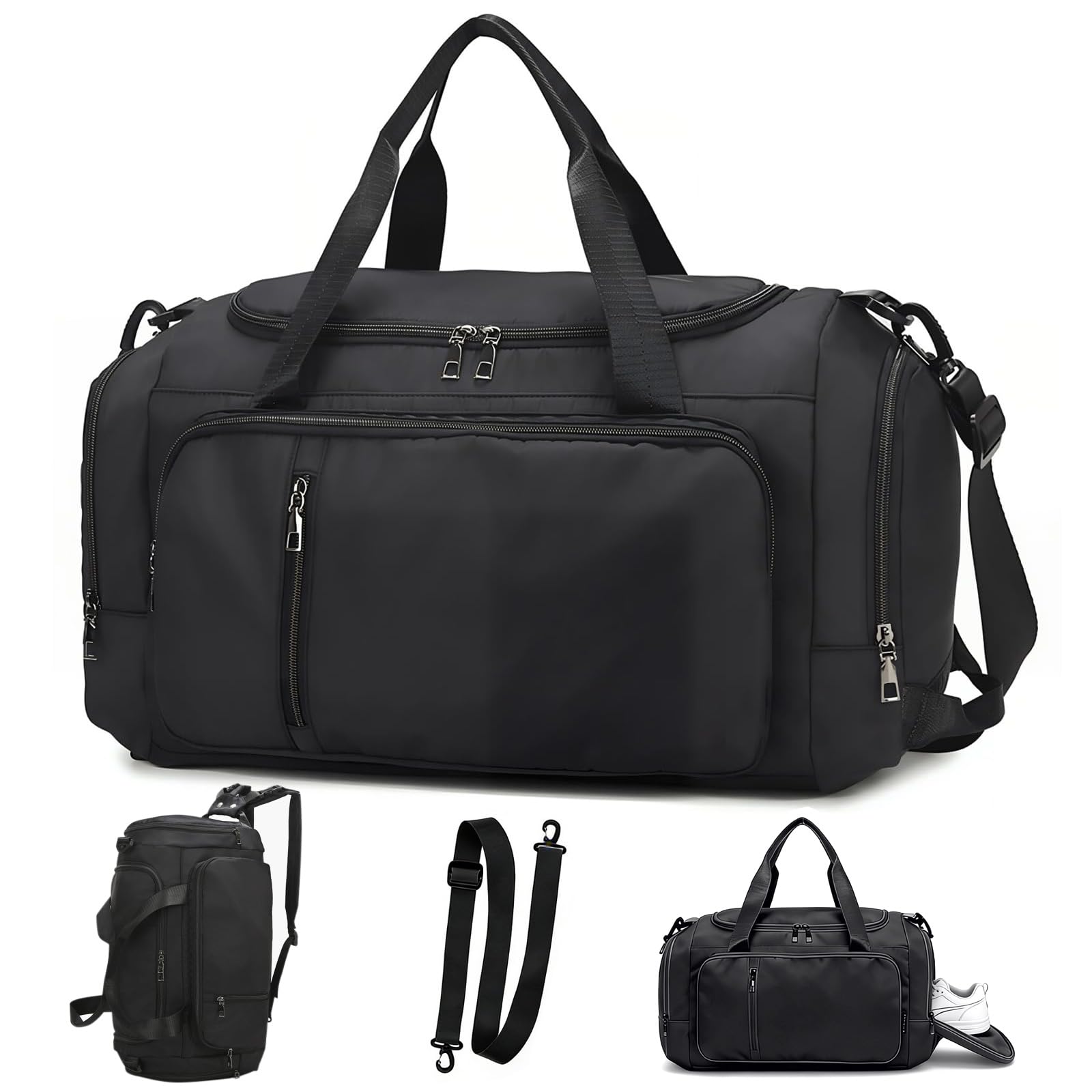 Sports Gym Duffle Bag with Wet Pockets & Shoe Compartment, 40L Large Capacity Waterproof Weekend Overnight Bag, Durable Backpack Luggage Holdall Bag for Men & Women Outdoor Sports Gym Travel, Black