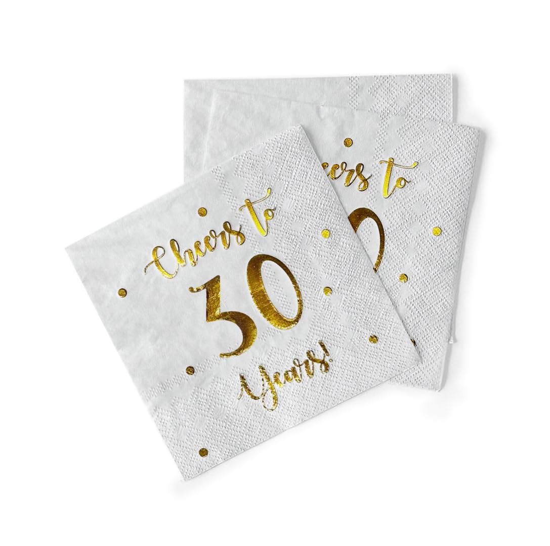Cheers to 30 lat serwetki koktajlowe | dekoracje z okazji 30. urodzin dla mężczyzn i kobiet oraz dekoracje na rocznicę ślubu | 50-pak 3-warstwowe serwetki | 12,7 x 12,7 cm składane (białe)